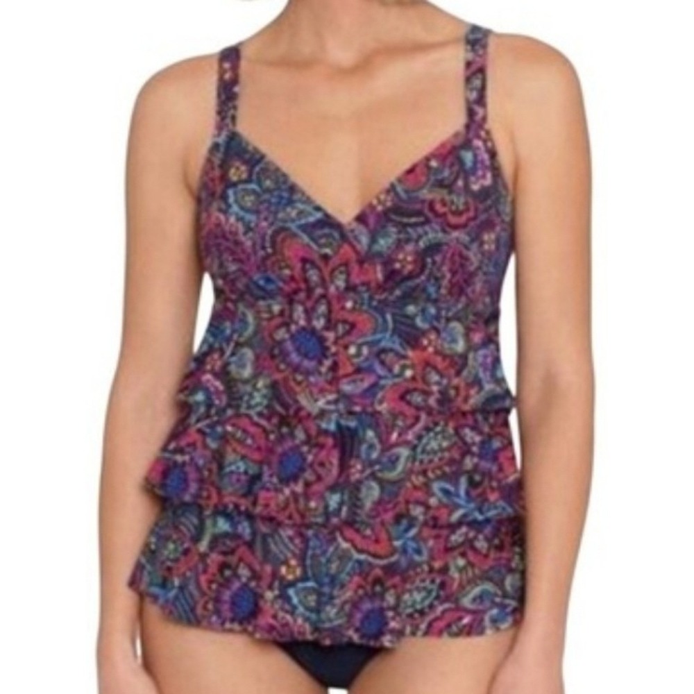 Swim‎ Solutions Paisley Tankini Top Size 10 Multicolor Ruffle Tummy Control